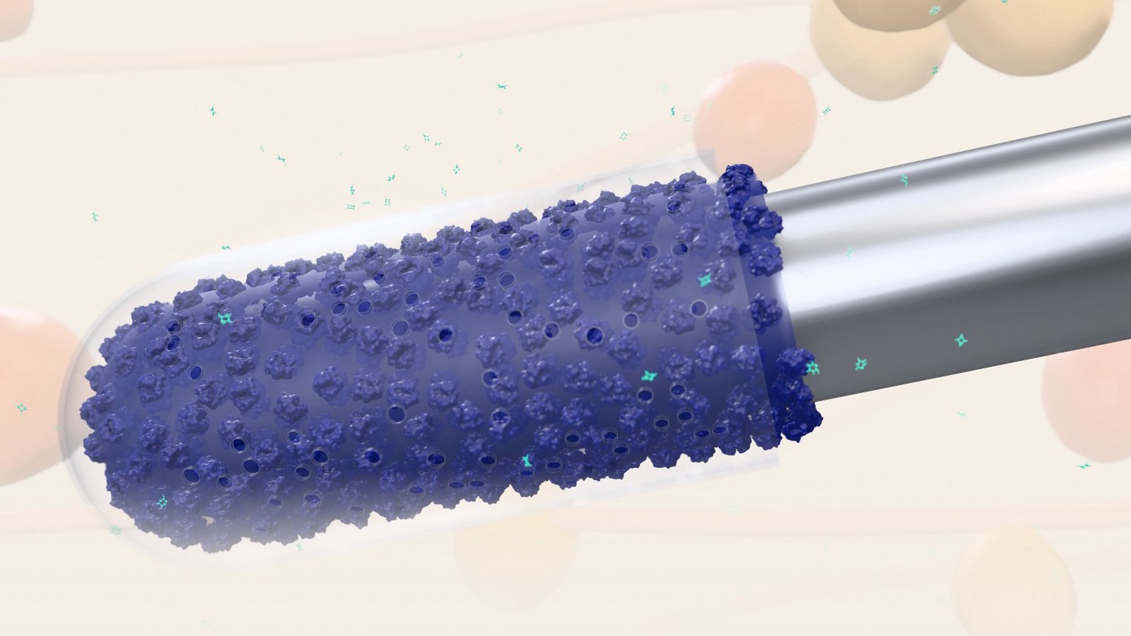 Still from our continuous glucose monitoring video: the tip of the sensor filament, coated with enzymes, under the skin (3D rendering, not to scale)