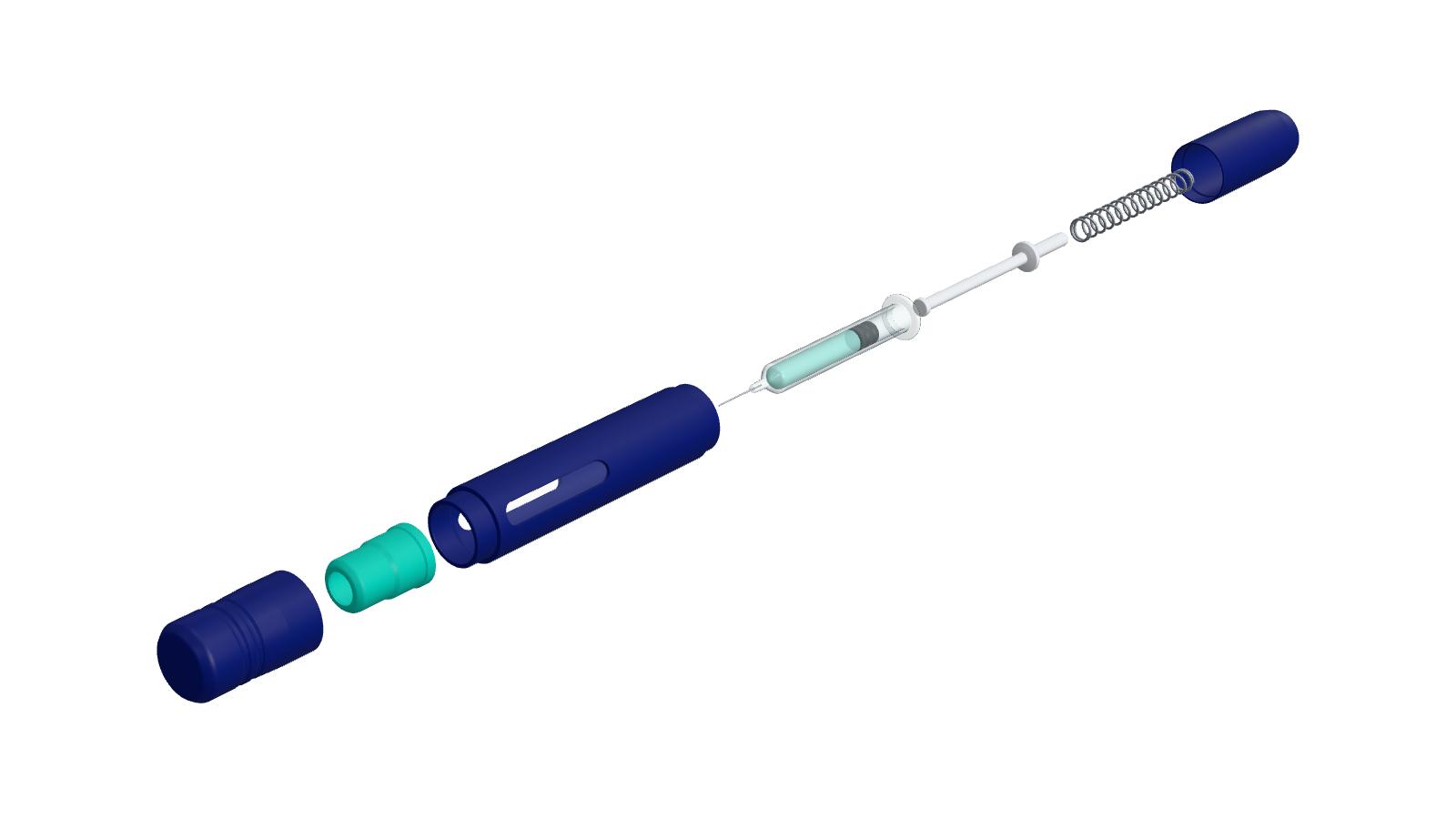 3D medical illustration of a generic auto-injector in exploded view: cap, needle cover, housing, prefilled syringe, plunger rod, spring, rear housing and button