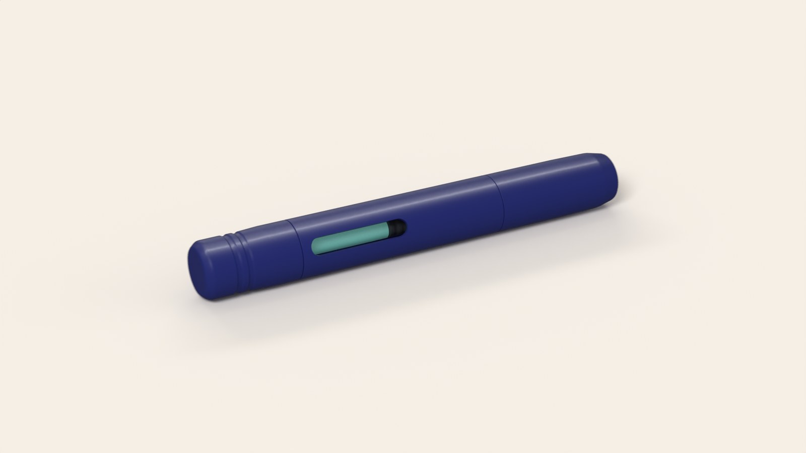 3D illustration: a closed navy-blue generic auto-injector on a cream background; the window shows the liquid inside